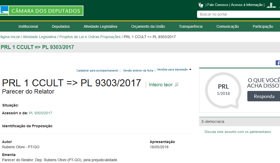 CÂMARA PROPOSIÇÃO: PRL 1 CCULT => PL 9303/2017