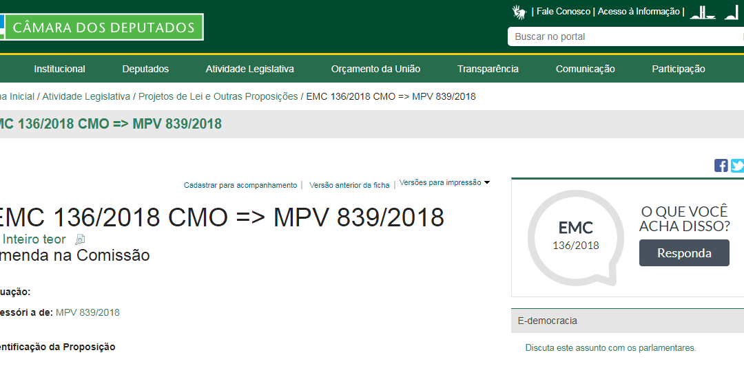 CÂMARA PROPOSIÇÃO: EMC 136/2018 CMO => MPV 839/2018