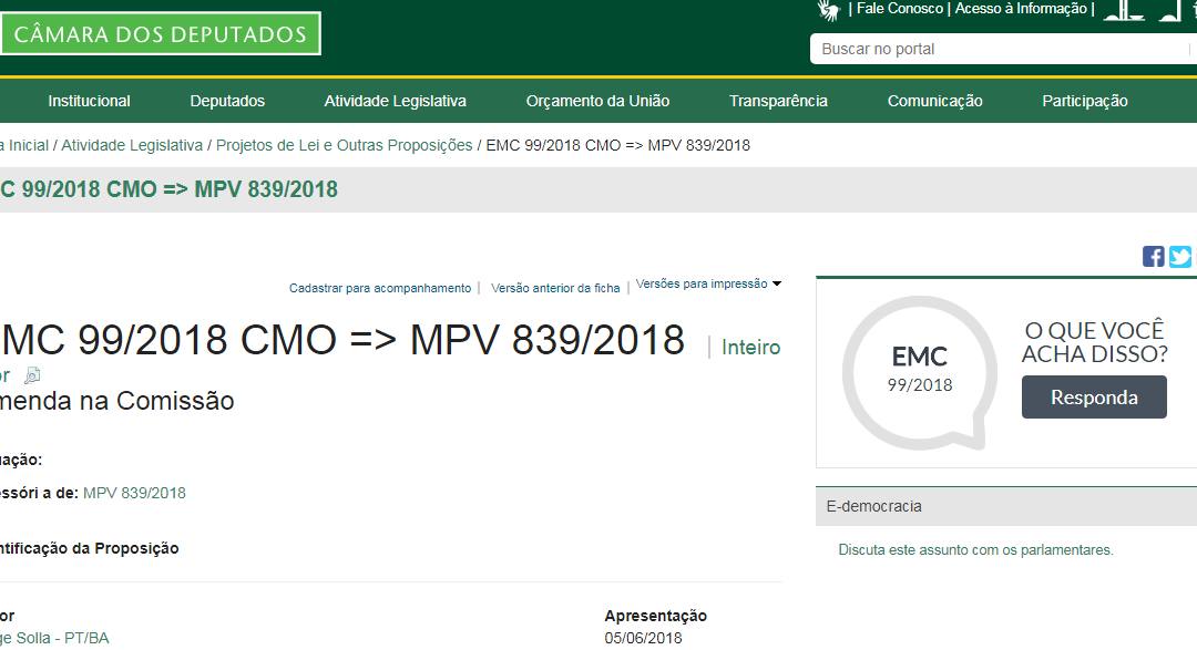 CÂMARA PROPOSIÇÃO: EMC 99/2018 CMO => MPV 839/2018