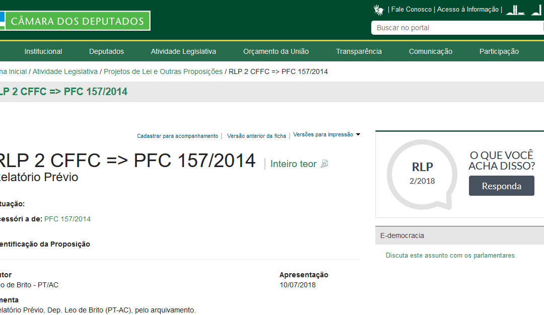 CÂMARA RELATÓRIO: RLP 2 CFFC => PFC 157/2014